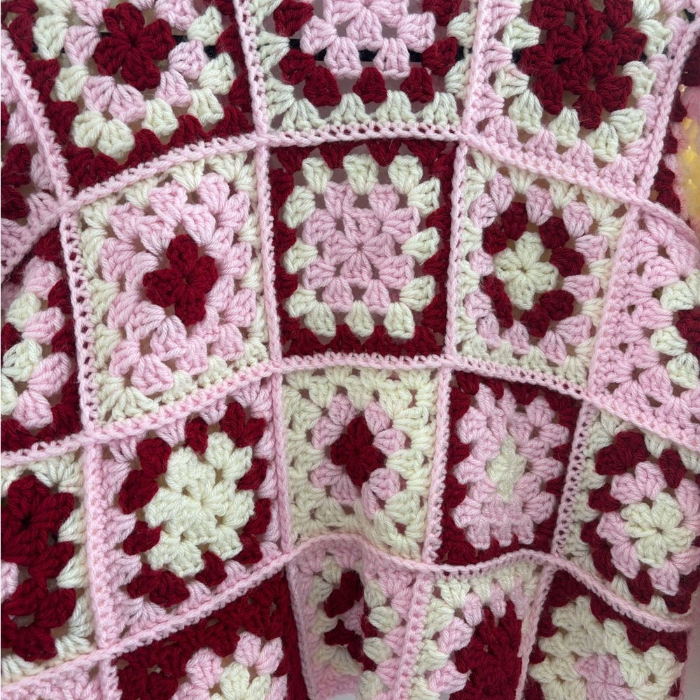 Handmade Crochet Strawberry Picnic Cardigan Checkerboard Pattern - Picture 6 of 12